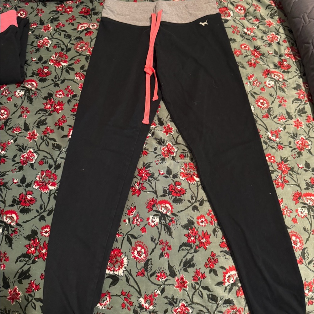 PINK Victoria's Secret Black Leggings with Gray Waistband and Pink Tie
